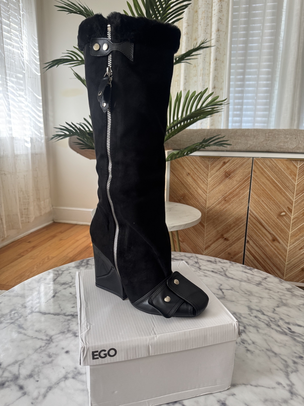 EGO Black Tall Wedge Boots with Fur Trim